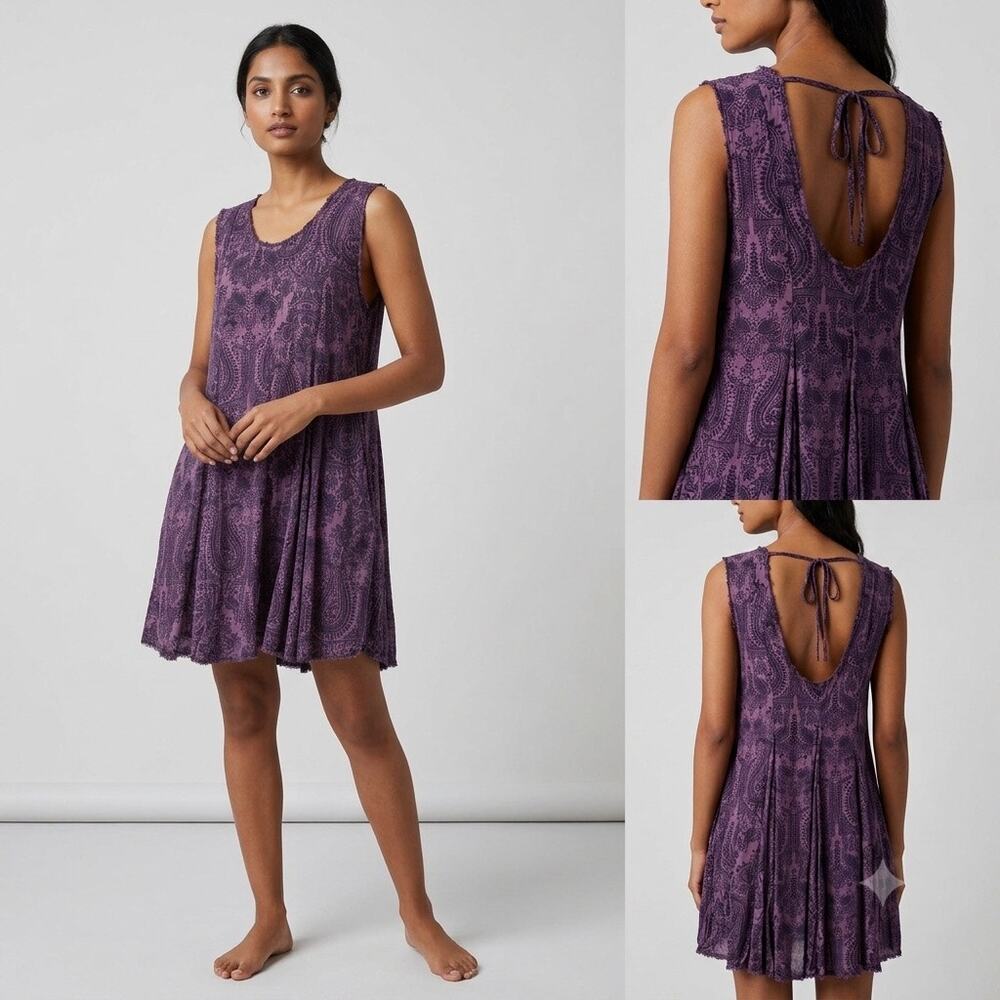 Ecote Urban Outfitters Paisley Mini Swing Dress Medium Purple Boho Rayon Raw Hem
